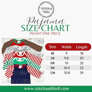 May include: Size chart for infant one-piece pajamas. The chart shows sizes from newborn to 12 months with corresponding width and length measurements in inches.