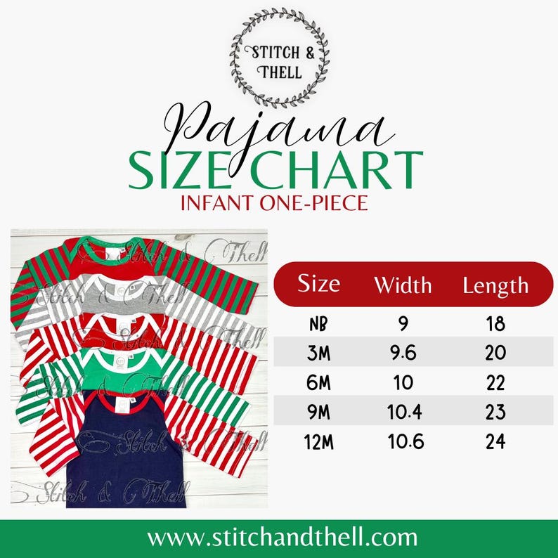 May include: Size chart for infant one-piece pajamas. The chart shows sizes from newborn to 12 months with corresponding width and length measurements in inches.