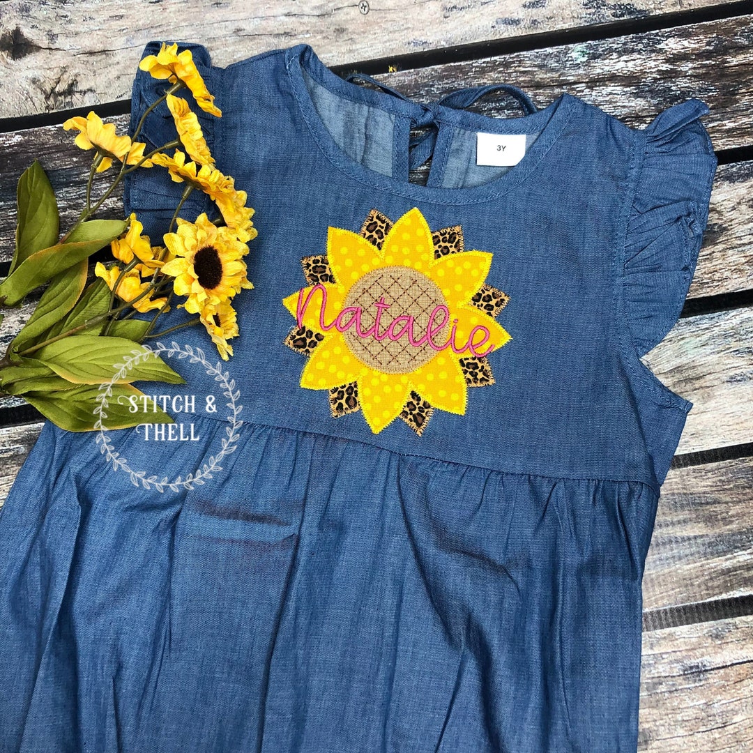Personalized SUNFLOWER Denim Bubble Romper Cheetah Print Etsy