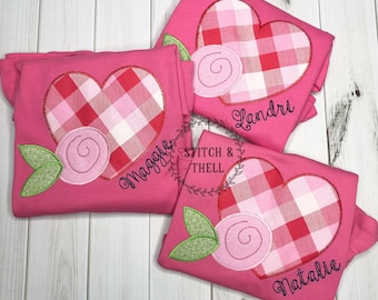 Girls Valentine Shirt - Embroidered Heart Appliqué - Personalized Name Shirt