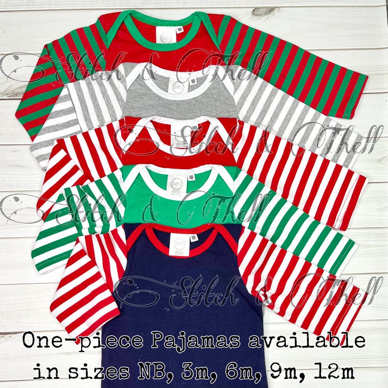 May include: Five long-sleeved baby pajamas in different colors and patterns. The pajamas are striped in red and white, green and white, and gray and red. The pajamas are available in sizes NB, 3m, 6m, 9m, and 12m.