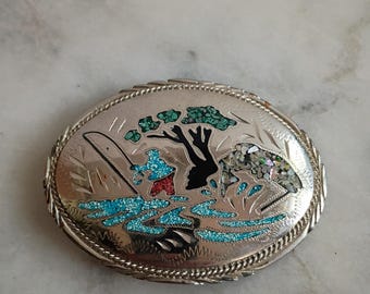 Hebilla de cinturón vintage de nativos americanos con incrustaciones de coral y turquesa del suroeste, plata alemana