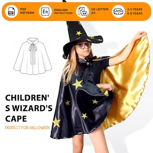 May include: A digital PDF sewing pattern for a children's wizard cape and matching pointed hat. The cape is black with gold glitter stars on the exterior and a solid gold lining. The hat is black with gold glitter stars and a wide brim.