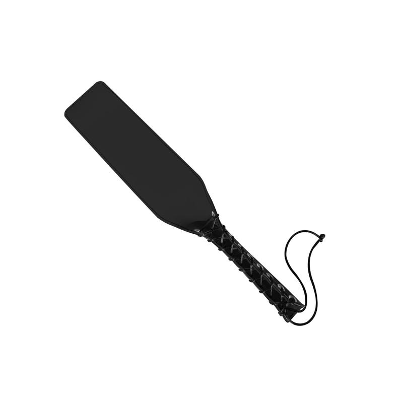 May include: A black leather paddle with a braided handle and a cord loop.