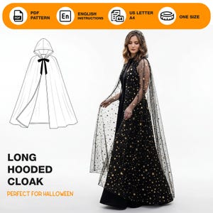 May include: A long hooded cloak pattern available as a PDF download. The image features a woman in a black dress and a sheer black cape adorned with gold stars. The pattern includes English instructions and is one size. The image text reads "Long Hooded Cloak".