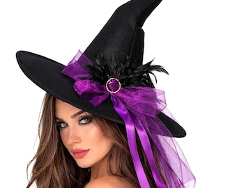 Black Witch Hat with Purple Ribbon and Tulle Bow, Adult Halloween Costume Accessory