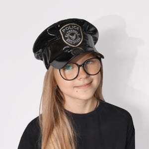 Kids Black Wet Look Police Cap: Handmade Cosplay Costume Hat