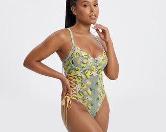 Embroidered Bodysuit, Mint Mesh Lemon Lingerie with Side Lace Up