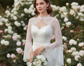 Bolero de encaje para boda, capa de novia con mangas, elegante chal de boda para novia