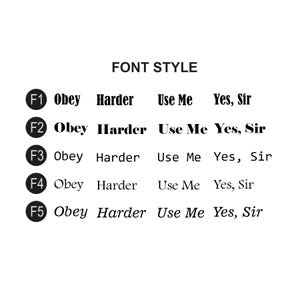 May include: A white background displays the text "FONT STYLE" above five examples of text. Each example includes the words "Obey Harder Use Me Yes, Sir" in different fonts, labeled F1 through F5.