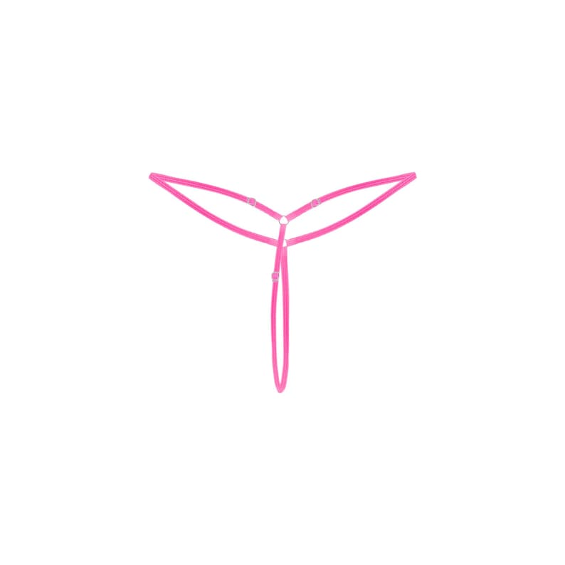 Pode incluir: Uma tanga rosa brilhante com um design minimalista. A pe&ccedil;a apresenta tiras finas e um pequeno detalhe de anel na frente, criando uma apar&ecirc;ncia delicada e simplificada. A roupa interior est&aacute; sobre um fundo branco liso.
