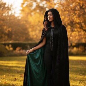 Hooded Velvet Cloak, Reversible Black Cape for Witch or Vampire Costume