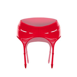 May include: Red patent leather garter belt with three adjustable straps on each side.