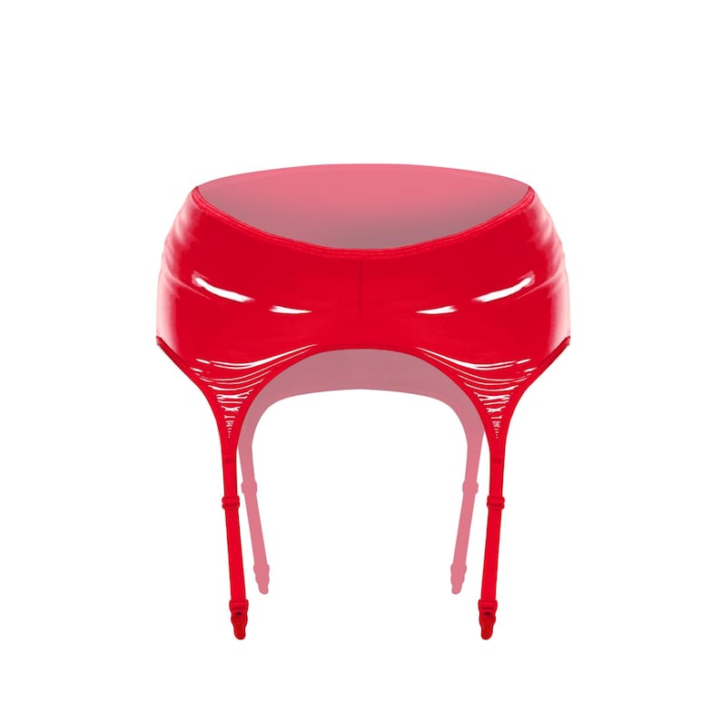 May include: Red patent leather garter belt with three adjustable straps on each side.