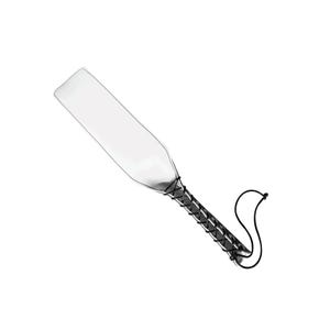 May include: A clear paddle with a black leather strap. The strap is wrapped around the paddle and tied at the end.