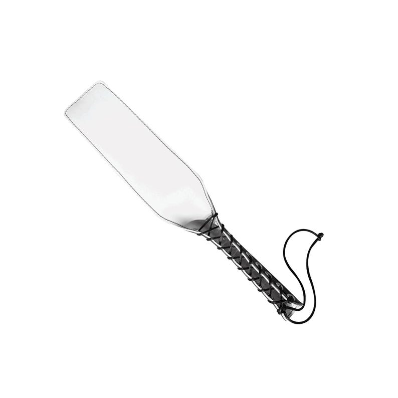 May include: A clear paddle with a black leather strap. The strap is wrapped around the paddle and tied at the end.