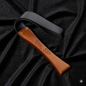 May include: A black leather flogger with a wooden handle. The handle is engraved with the words "Yes, Sir". The flogger is made of black leather and wood.