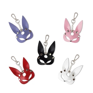Bunny mask keychain, leather keychain, rabbit leather keychain, gift for her, gift for him, carabiner keychain