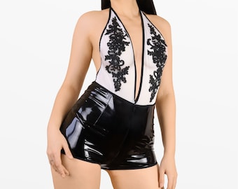 PVC Rave Bodysuit, Wet Look Vinyl Lingerie, Festival Outfit, Backless Clubwear Romper