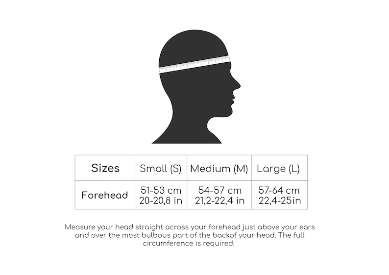 K&ouml;nnte beinhalten: Eine Tabelle mit Kopfgr&ouml;&szlig;en in Zentimetern und Zoll f&uuml;r die Gr&ouml;&szlig;en klein, mittel und gro&szlig;. Die Tabelle enth&auml;lt eine Silhouette eines Kopfes mit einem Ma&szlig;band darum.