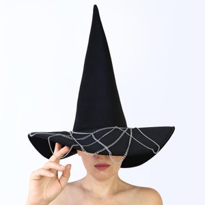 Halloween witch hat with spiderweb chains