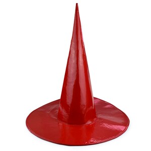 May include: A red witch hat with a pointed cone and a wide brim.