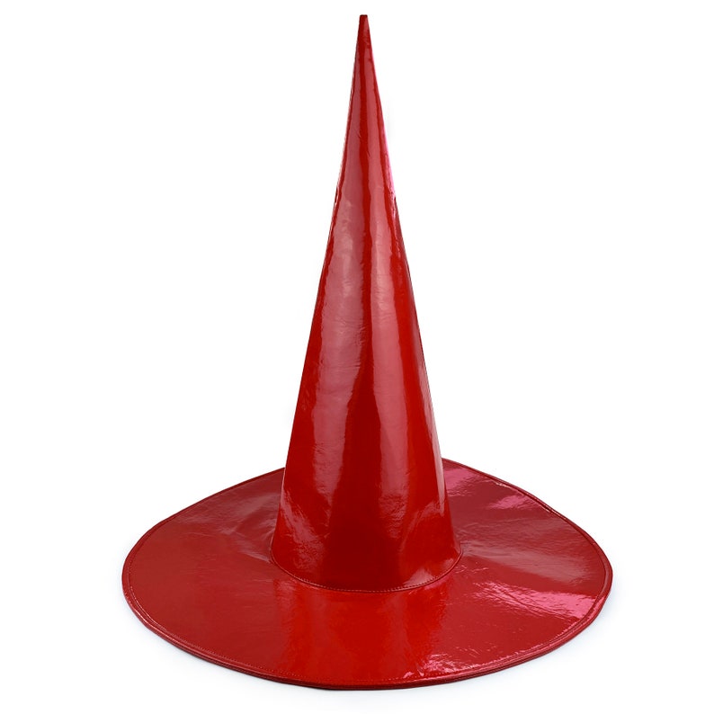 May include: A red witch hat with a pointed cone and a wide brim.