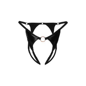 May include: Black leather lingerie garter belt with a braided design and a metal ring detail.