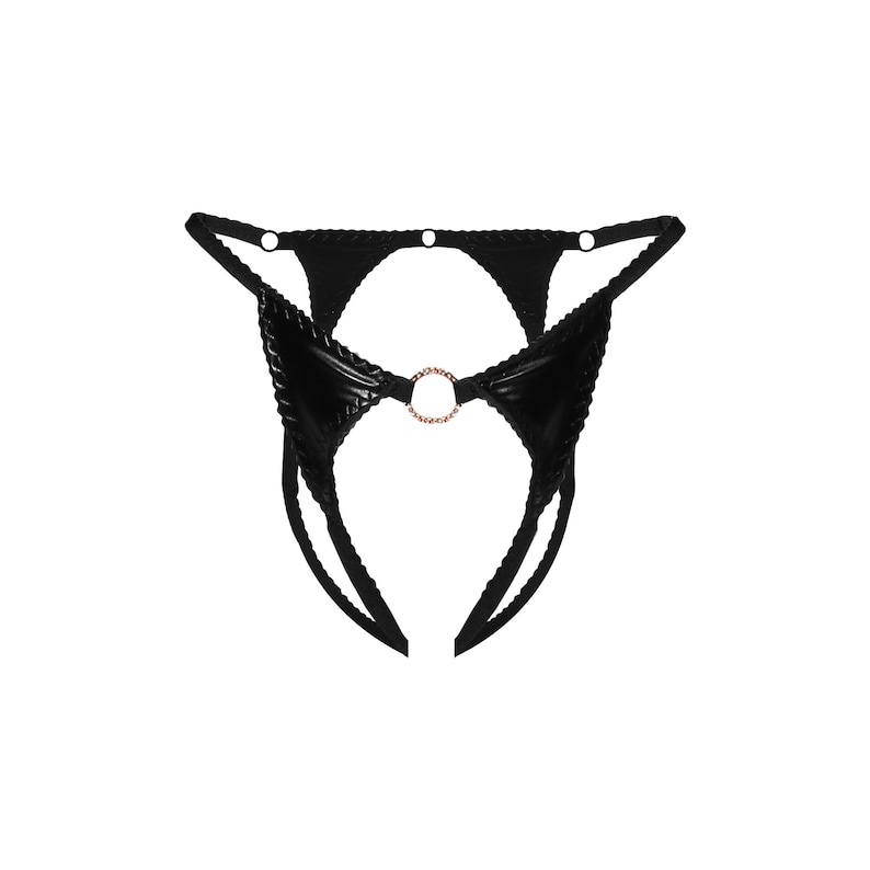 May include: Black leather lingerie garter belt with a braided design and a metal ring detail.