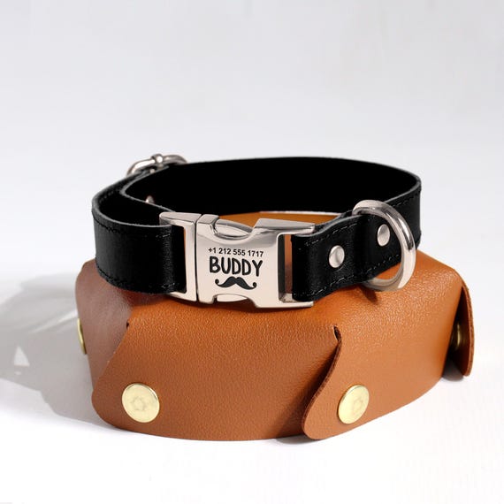刻印入りバックル付きパーソナライズレザー犬用首輪：カスタムペットID