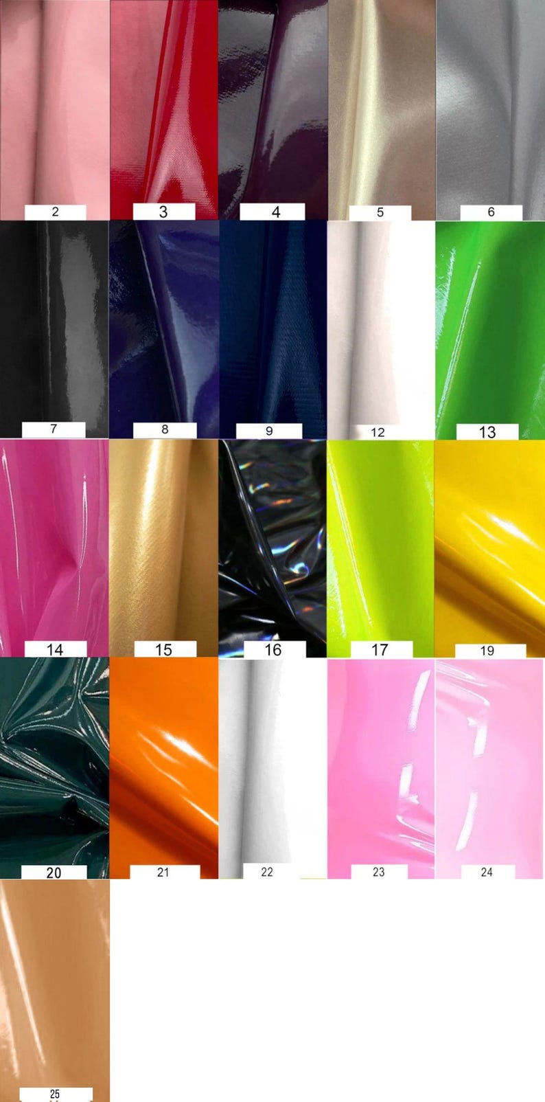 May include: A collection of 25 different colored vinyl samples. The samples are arranged in a grid of five rows and five columns. Each sample is a square of vinyl with a different color and texture.