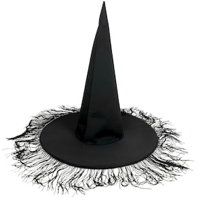 May include: A black witch hat with a tall pointed crown and a wide brim with black fringe.