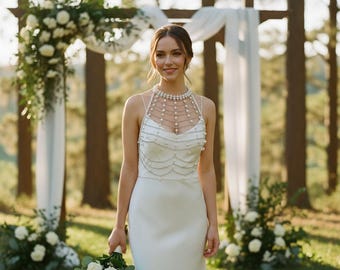 Pearl Body Chain, Bridal Chest Jewelry, Wedding Beaded Top