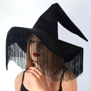 May include: A black witch hat with a wide brim and long fringe. The hat has a tall pointed crown and a long, flowing tail.