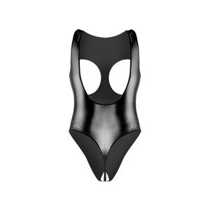 May include: A black, shiny, one-piece bodysuit with a plunging neckline and cutouts at the chest.