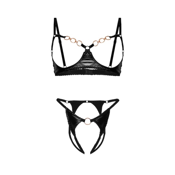 Crotchless Lingerie, Open Cup Bra and Panties, PVC Sexy Set, Erotic Lingerie 