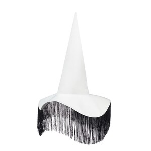 May include: A white witch hat with a black fringe trim.