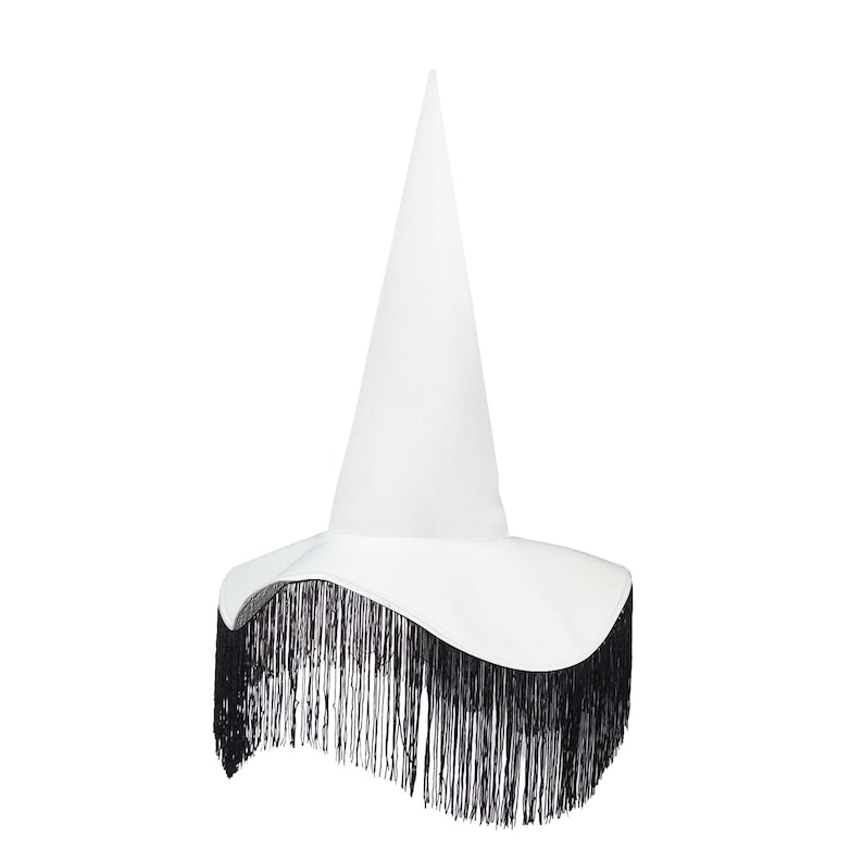 May include: A white witch hat with a black fringe trim.