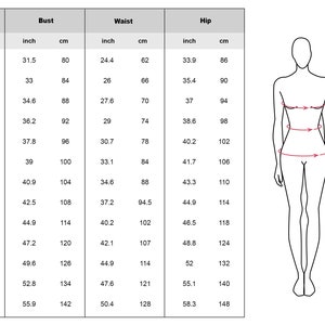 May include: A size chart with measurements in inches and centimeters for bust, waist, and hip. Includes US, EU, and international sizes from XXS to 8XL. Two line drawings illustrate where to measure the body.