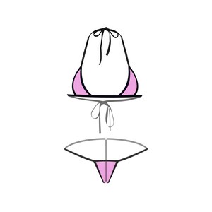 Pode incluir: Um biqu&iacute;ni rosa e preto com top halter e parte de baixo de corda.