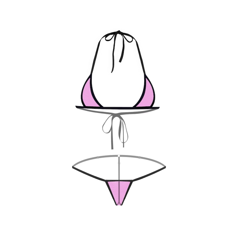 Pode incluir: Um biqu&iacute;ni rosa e preto com top halter e parte de baixo de corda.