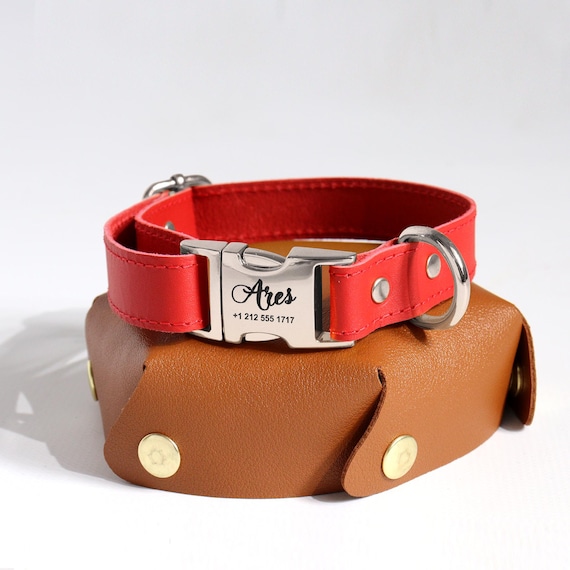 刻印入りバックル付きパーソナライズレザー犬用首輪：カスタムペットID