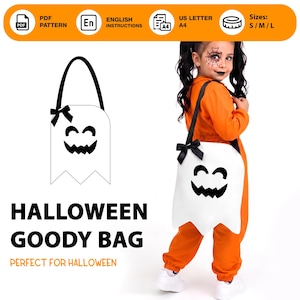 May include: A white ghost-shaped Halloween goody bag with a black handle and bow. The bag features a smiling jack-o'-lantern face. The image includes text that says "Halloween Goody Bag". The bag is available in sizes S/M/L.