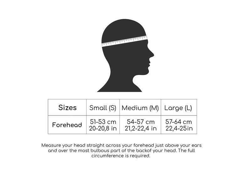 May include: A chart showing head circumference measurements in inches and centimeters for small, medium, and large sizes. The chart includes a silhouette of a person's head with a measuring tape around it.