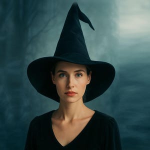 May include: A woman wearing a black witch hat with a wide brim and a pointed top. She is also wearing a black v-neck top. The background is a dark, blurred scene, creating a mysterious atmosphere.