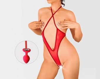 Butt plug bodysuit, open crotch bodysuit, butt plug underwear, crystal butt plug, valentine day gift