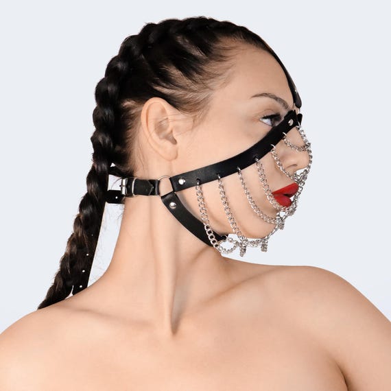 Leather chain mask, punk goth accessory, full face chain leather mask, festival mask, rave mask, rave outfit, full face chain head harness