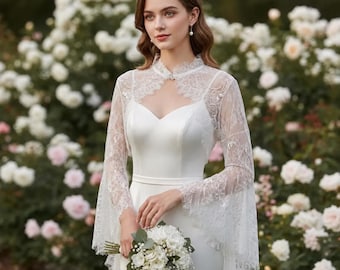 Bolero de renda para casamento, capa de noiva com mangas, xale elegante para noiva.