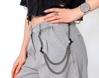 Black Double Layer Pants Chain with Bat Charms, Goth Punk Wallet Chain
