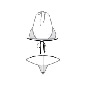 Pode incluir: Um biqu&iacute;ni preto e branco com top triangular e parte inferior de corda.